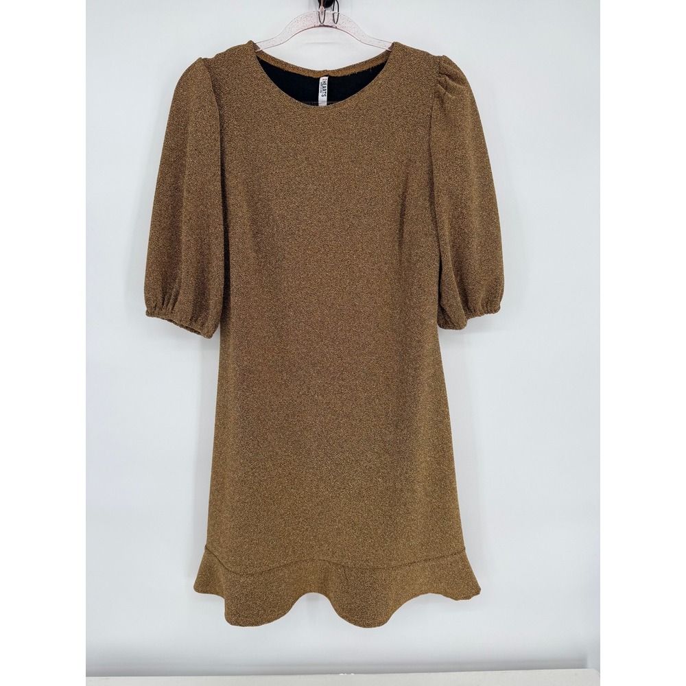 2 Hearts Brown Puff Sleeve Mini Dress Lurex Knit Ruffle Hem Party
